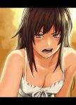  annoyed breasts brown_eyes brown_hair camisole cleavage dress long_hair open_mouth solo 