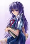  book clannad fujibayashi_kyou long_hair purple_eyes purple_hair rx? school_uniform solo summer_uniform thigh-highs thighhighs violet_eyes 