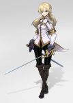  blonde_hair blue_eyes boots braid crossed_legs_(standing) fingerless_gloves gloves highres knee_boots leggings long_hair masn_(moxi) moxi original rapier scabbard sheath smile solo spandex sword weapon 