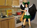  japanese_bird_cooking_spaghetti kitchen meme parody pasta pot reiuji_utsuho sketch solo touhou wings 