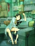  bored chair coat glasses green_eyes kome labcoat legs long_hair original shorts sleeves_rolled_up solo 