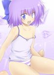  bottomless camisole cirno flat_chest mocchi panties smile solo strap_slip striped striped_panties thighs touhou underwear wings 