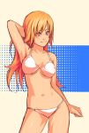  and arm_up armpits bikini breasts brown_eyes cleavage long_hair navel orange_hair polka_dot smile solo swimsuit white_bikini 