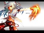  bad_id bow breasts colored_eyelashes eyelashes fire fujiwara_no_mokou hair_bow hair_ribbon highres karlwolf long_hair pants red_eyes ribbon silver_hair solo suspenders touhou underboob 