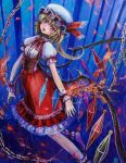  1girl blonde_hair chain crystal dress dress_shirt flandre_scarlet hat hat_ribbon oil_painting_(medium) petals puffy_sleeves red_eyes ribbon shirt side_ponytail solo tafuto touhou traditional_media wings wrist_cuffs 
