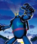  building clouds funbolt glowing glowing_eyes mecha no_humans outstretched_arms perspective power_lines robot sun telephone_pole tetsujin_28 tetsujin_28-gou twilight 