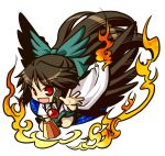  black_hair chibi highres long_hair red_eyes reiuji_utsuho ribbon simple_background socha solo touhou weapon wings 