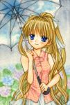  blonde_hair blue_eyes casual flower hinokami_sakura hydrangea kamio_misuzu long_hair ponytail rain solo umbrella 
