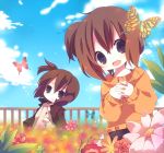  2girls ana_(rznuscrf) brown_hair butterfly child cloud clouds flower hands_clasped multiple_girls open_mouth original short_hair side_ponytail sky smile young 