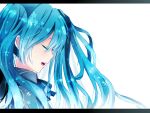  aqua_hair blue_hair closed_eyes earrings hatsune_miku itamidome jewelry letterboxed long_hair open_mouth portrait profile simple_background singing solo twintails vocaloid wallpaper 