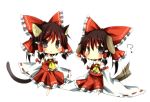  bad_id black_hair bow cat_ears chibi detached_sleeves dog_ears dual_persona hair_bow hakurei_reimu japanese_clothes kemonomimi_mode miko pasutel ribbon tail touhou 