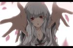 cleavage outstretched_arms outstretched_hand petals reaching red_eyes silver_hair viola_(seed) 