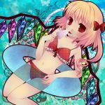  bikini blonde_hair bow breasts cleavage flandre_scarlet food frills hair_bow highres innertube long_hair navel popsicle red_eyes side_ponytail solo swami swimsuit tongue touhou wings 