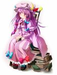  bad_id blush book bow chair colorful crescent dress hair_bow hat long_hair multicolored_eyes nironiro patchouli_knowledge purple_eyes purple_hair sitting solo striped touhou very_long_hair 