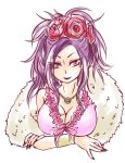  blue_eyes boa bracelet breasts cleavage deborah dragon_quest dragon_quest_v feather_boa flower hair_flower hair_ornament jewelry large_breasts long_hair maroxxtanaka mole necklace rose smile solo 