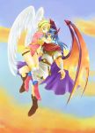  armor bat_wings blonde_hair boots breath_of_fire breath_of_fire_i cape gloves green_eyes horns hug leotard nina_(breath_of_fire_i) nino ryuu_(breath_of_fire_i) short_hair wings 
