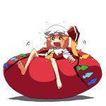  :d barefoot bean_bag blonde_hair excited fang feet flandre_scarlet happy hat open_mouth red_eyes side_ponytail sitting smile solo sparkle touhou wings yaza 
