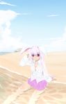  animal_ears beach breasts bunny_ears cleavage hayagiri highres long_hair pink_eyes reisen_udongein_inaba shirt solo touhou wet_clothes wet_shirt white_hair 