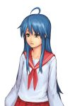  and blue_hair green_eyes izumi_konata long_hair lowres lucky_star mole realistic school_uniform serafuku simple_background skirt solo 