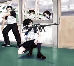  2girls anti-materiel_rifle armband barrett bike_shorts bipod black_eyes black_hair brown_eyes casing_ejection error fingerless_gloves gloves gun highres kneehighs loafers m82a1 multiple_boys multiple_girls navel original raglan_sleeves rifle ryou@ryou school_uniform scope shell_casing shoes short_hair skirt sneakers sniper_rifle socks squatting sweat weapon 