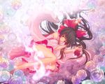  barefoot bow brown_hair detached_sleeves flower hair_bow hakurei_reimu legs long_hair maryquant red_eyes rose sarashi solo touhou 