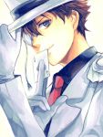  adjusting_hat blue_eyes brown_hair cape card detective_conan formal hat holding holding_card kaito_kid male monocle necktie scarlet-xx short_hair smile solo suit 