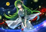  bad_id frog green_eyes green_hair hair_ornament huoshansama japanese_clothes kimono kochiya_sanae long_hair moon night snake solo touhou yukata 