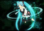  absurdres aqua_eyes aqua_hair barefoot binary bridal_gauntlets hatsune_miku hatsune_miku_(append) highres long_hair miku_append navel necktie open_mouth solo thigh-highs thighhighs twintails ume_(pickled_plum) very_long_hair vocaloid vocaloid_append 
