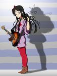  1girl akiyama_mio bass_guitar black_eyes black_hair casual different_shadow dual_persona guitar highres instrument k-on! knives_(artist) listen!! long_hair mouth_hold pantyhose plectrum shadow solo 