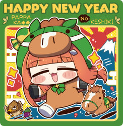  1girl :3 :d animal_costume bird blunt_bangs blush_stickers bow bowtie chibi chibi_only closed_eyes commentary_request creature_and_personification eagle eggplant full_body green_bow green_bowtie highres horse_costume long_hair marimarimo open_mouth orange_hair outline personification silence_suzuka_(racehorse) silence_suzuka_(umamusume) smile solo sparkle umamusume white_outline 