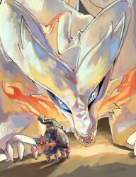  2others angry black_fur blue_eyes blue_sclera cat claws colored_sclera commentary_request dragon fire growling highres litten multicolored_fur multiple_others no_humans open_mouth pokemon pokemon_(creature) red_fur reshiram sake_maguro size_difference white_fur yellow_sclera 