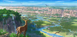  absurdres bird blue_sky commentary_request day deer eagle flock flower forest grass highres landscape nature no_humans original outdoors purple_flower river scenery shiki_makoto sky valley water waterfall white_bird 