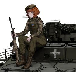  1girl absurdres aircraft airplane armored_personnel_carrier armored_vehicle army assault_rifle battle_rifle beret bulletproof_vest camouflage cigarette commentary curly_hair digital_camouflage english_commentary expressionless flag_patch fn_scar french_flag full_body green_eyes gun h0nesth0ney hat highres holding holding_gun holding_weapon looking_at_viewer military military_combat_uniform military_uniform military_vehicle mm14 motor_vehicle natalie_(qvit11) on_tank original patch rifle russo-ukrainian_war scarf sitting smoke smoke_trail smoking soldier ukrainian_flag vehicle_focus weapon 