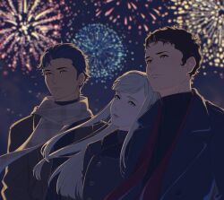  1girl 2boys black_sweater blonde_hair blue_hair brown_coat coat dark-skinned_male dark_skin enelous evening fireworks gigi_andalusia gundam gundam_hathaway's_flash hathaway_noa highres kenneth_sleg looking_up multiple_boys red_eyes smile sweater upper_body winter_clothes 