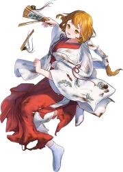  1girl brown_hair burnt_clothes chihaya_(clothing) folding_fan full_body hakama hand_fan hozuka_(kadokawa) japanese_clothes kantai_collection kimono long_hair looking_at_viewer low_ponytail miko official_art ootomari_(kancolle) ootomari_(miko)_(kancolle) ponytail red_hakama socks solo standing tabi tiara transparent_background unworn_headwear white_kimono white_socks wide_sleeves yellow_eyes 
