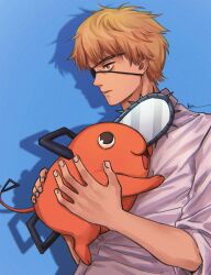  1boy blonde_hair blue_background bom61487782 brown_eyes chainsaw_man denji_(chainsaw_man) drop_shadow eyepatch highres holding large_hands male_focus messy_hair parted_lips pochita_(chainsaw_man) shirt short_hair signature upper_body white_shirt 
