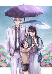  1046sstep_btoh 1girl 2boys bag black_eyes black_hair black_shirt black_shorts bleach brown_sweater commentary_request family father_and_son flower frown glasses grey_hair hand_in_pocket handbag highres holding holding_umbrella husband_and_wife ishida_ryuuken ishida_uryuu katagiri_kanae long_hair long_skirt mother_and_son multiple_boys open_mouth rain shirt shorts skirt smile suit sweater umbrella white_hair white_skirt white_suit 