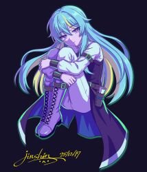  1girl arm_belt black_background black_dress blonde_hair blue_hair boots colored_inner_hair commentary_request dated dress full_body highres holster hugging_own_legs jinshin knee_boots lace-up_boots long_hair long_sleeves looking_at_viewer multicolored_hair pants ragnarok_online shirt signature simple_background simulation_juncea sitting solo very_long_hair violet_eyes white_pants white_shirt 