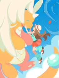  1girl :d above_clouds brown_hair clouds commentary constarlations dragonite from_side green_leg_warmers green_shirt hands_up happy hat highres leaf_(pokemon) leg_warmers long_hair mega_dragonite open_mouth pleated_skirt pokemon pokemon_(creature) pokemon_frlg red_skirt shirt shoes skirt sleeveless sleeveless_shirt smile white_hat 