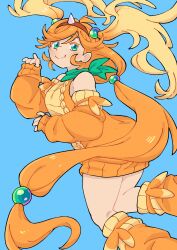  1girl absurdres ascot blonde_hair blue_sky clothing_cutout colored_eyelashes commentary doodlelotl dragonite dress english_commentary fake_horns fang fang_out feet_out_of_frame full_body gradient_hair green_ascot green_eyes hair_bobbles hair_ornament hairband hands_up highres horned_headwear horns leg_warmers long_hair looking_at_viewer low_ponytail mega_dragonite multicolored_hair orange_hair orange_hairband orange_leg_warmers orange_sweater personification pokemon ponytail shoulder_cutout single_horn sky sleeveless sleeveless_sweater sleeves_past_wrists smile solo sweater sweater_dress tri_tails two-tone_hair very_long_hair 