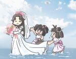  3girls :3 alternate_costume antenna_hair black_hair blue_sky bouquet bridal_veil brown_eyes brown_hair clouds day double_bun dress ferret-san hair_bun hair_intakes half_updo jintsuu_(kancolle) kantai_collection long_hair multiple_girls naka_(kancolle) outdoors sendai_(kancolle) sky veil water wedding_dress white_dress 