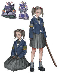  1girl armband bilingual_commentary black_bow black_bowtie black_gloves black_shoes blazer blue_jacket bokken bow bowtie closed_mouth collared_shirt commentary dress_shirt english_commentary fingerless_gloves full_body gloves grey_hair grey_skirt grey_socks gundam gundam_msv hair_ornament hair_ribbon hairclip holding holding_sword holding_weapon humanization jacket korean_commentary long_sleeves loose_socks mixed-language_commentary mobile_suit_gundam original perfect_zeong photoshop_(medium) pleated_skirt red_ribbon reference_inset ribbon school_uniform seiza shirt shoes simple_background sitting skirt smile socks standing sword tahra twintails weapon white_background white_shirt wooden_sword zeong 