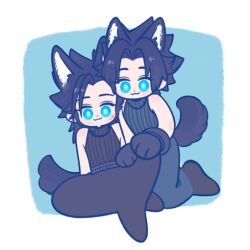  105zz 2boys :3 age_progression animal_ears bare_shoulders black_gloves black_hair black_pants black_shirt blue_background blue_eyes blue_pants border chibi chibi_only commentary_request crisis_core:_final_fantasy_vii cross_scar dog_boy dog_ears dog_tail final_fantasy final_fantasy_vii full_body gloves kemonomimi_mode long_hair male_focus multiple_boys pants parted_bangs scar scar_on_cheek scar_on_face shirt short_hair sideburns sleeveless sleeveless_turtleneck tail turtleneck white_border zack_fair 