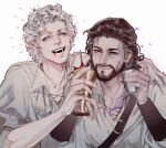 2boys ^_^ arm_around_shoulder astarion_(baldur&#039;s_gate) baldur&#039;s_gate baldur&#039;s_gate_3 beard blood blood_on_face brown_eyes brown_hair chalice closed_eyes collarbone commentary cup curly_hair drink dungeons_and_dragons earrings elf eliza_fox facial_hair facing_viewer fangs gale_(baldur&#039;s_gate) grey_shirt happy highres holding holding_cup jewelry looking_at_viewer male_focus multiple_boys open_mouth pointy_ears shirt short_hair shoulder_belt simple_background smile upper_body vampire white_background white_hair 