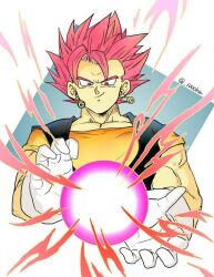  1boy commentary_request dragon_ball dragon_ball_super earrings energy_ball gloves jewelry male_focus muscular muscular_male pectoral_cleavage pectorals potara_earrings senka-san smile solo super_saiyan super_saiyan_god upper_body v-shaped_eyebrows vegetto white_gloves 