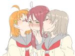  ... 3girls ahoge blush breasts brown_hair closed_eyes closed_mouth commentary_request double_cheek_kiss girl_sandwich grey_sailor_collar hair_between_eyes hair_ornament hairclip half_updo hand_on_another&#039;s_chin highres kashikaze kiss kissing_cheek long_hair long_sleeves love_live! love_live!_sunshine!! medium_breasts medium_hair multiple_girls neckerchief orange_hair red_neckerchief redhead sailor_collar sakurauchi_riko sandwiched school_uniform serafuku shirt short_hair sidelocks simple_background single_sidelock spoken_ellipsis sweatdrop takami_chika upper_body uranohoshi_school_uniform watanabe_you white_background white_shirt yellow_eyes yuri 