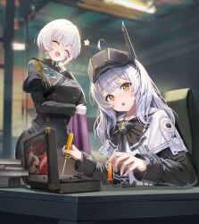  2girls absurdres ahoge aiguillette arms_up black_bow black_bowtie black_dress black_pantyhose black_shirt blurry blurry_background blush book book_stack bow bowtie breasts buttons cape capelet chair chest_strap closed_eyes colored_inner_hair commentary_request cowboy_shot double-breasted dress earrings epaulettes gloves goddess_of_victory:_nikke hand_on_own_cheek hand_on_own_face head-mounted_display highres holding holding_screwdriver jewelry korean_commentary liliweiss_(nikke) long_hair long_sleeves looking_at_another looking_at_viewer medium_breasts misyune multicolored_hair multiple_girls open_mouth pantyhose pencil_dress pink_hair puffy_long_sleeves puffy_sleeves purple_cape screw screwdriver shirt short_hair sitting smile snow_white_(innocent_days)_(nikke) snow_white_(nikke) standing toolbox two-tone_hair upper_body visor_(armor) visor_lift white_capelet white_gloves white_hair yellow_eyes 