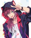  1boy animal_hood aqua_eyes ariko_youichi black_jacket bracelet cat_hood colored_tips gradient_hair highres hood hood_up hooded_jacket jacket jewelry key_necklace lauren_iroas male_focus multicolored_hair necklace nijisanji redhead shirt solo v virtual_youtuber white_shirt 