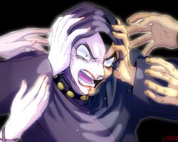  1other baron_ashura black_collar bleeding blood clutching_head collar colored_skin commentary_request crying crying_with_eyes_open despair fingernails hands_on_own_head hands_up hood hood_up lipstick makeup mazinger_(series) mazinger_z multicolored_skin other_focus out_of_frame pale_skin purple_robe red_lips robe shin_mazinger_shougeki!_z-hen split-color_skin sting_chameleao studded_collar tears two-tone_skin v-shaped_eyebrows widow's_peak yellow_nails 