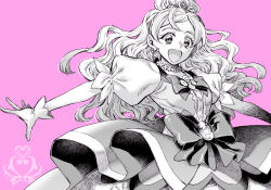  1girl blush breasts commentary_request cure_flora dress earrings go!_princess_precure greyscale greyscale_with_colored_background haruno_haruka jewelry large_ribbon long_hair medium_breasts monochrome open_mouth outstretched_arms pink_background ponytail precure simple_background smile solo spread_arms takanashi_ringo tiara waist_ribbon 